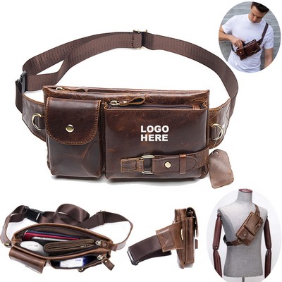Custom Outdoor Travel Belt Bag Cowhide Genuine Leather Waist Bag Fanny Pack