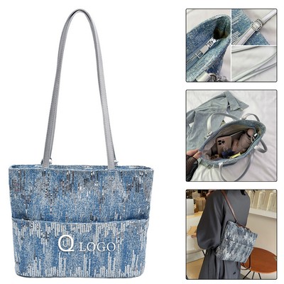 Stylish Glitter Denim Backpack (3-Way Carry)