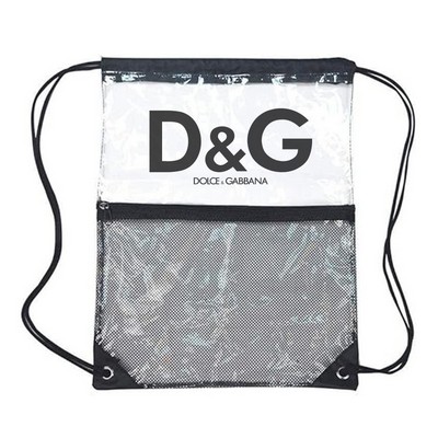 Clear PVC Drawstring Cinch Sack Backpack with Front Zipper Mesh Pocket